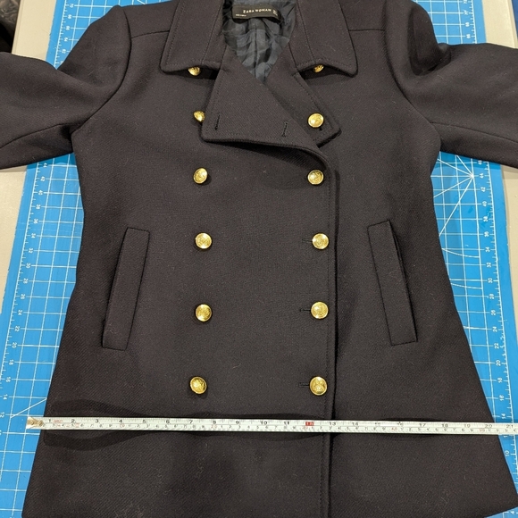 Zara Military Jacket with Gold Buttons Fitted Wool Navy Pea Coat Size Large - Picture 11 of 17
